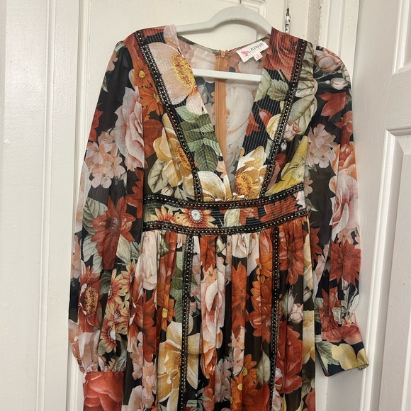 L’Artiste Floral Dress Maxi Autumn Dress Studs Size Small Red Pink Brown Flowers - Picture 6 of 13
